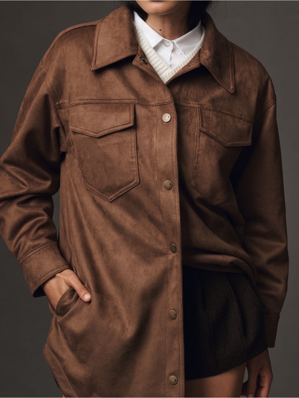 NWT Anthropologie Pilcro Tillie Relaxed Faux-Suede Shacket in Cognac